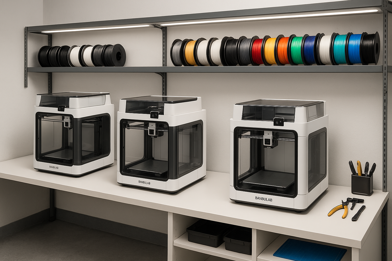 a room with 3 of 3d Bambulab printers 